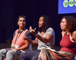 Tabitha Jackson, Documentary Film Program Director, onstage with artists Stephanie Dinkins and Sade Dinkins after their 'Not the Only One' presentation. Photographer: Jonathan Hickerson