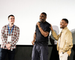 Moderator Paul Ridd with 'Yardie' debut director Idris Elba and lead actor Aml Ameen. Photographer: Joanne Davidson