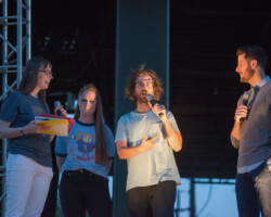 Assistant director of Utah Community Programs LaraLee Ownby (L) moderates a Q&A with screenwriters Kyle Mooney and Kevin Costello of 'Brigsby Bear.' Photographer: Jonathan Hickerson