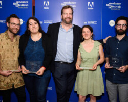 SundanceTV Global Shorts Competition award winners Ian Morgan, Lorene Yavo, Armelle Mercat, and Mario Monzo with Sundance TV Global VP of programming Patrick Connolly (center). Photographer: Joanne Davidson