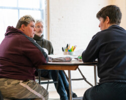 'The Shadow Whose Prey the Hunter Becomes' fellows Sonia Teuben, Bruce Gladwin, and Sarah Mainwaring in a workshopping session. Photographer: Kaelan Burkett