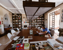 Playwright A. Rey Pamatmat works on his project 'Blood in Your Blood' during the 2018 Theatre Lab in Morocco. Photographer: Lahcen Mellal