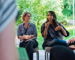 Creative producing fellow Allison Friedman and panelist Lakshmi Iyengar participate in a roundtable discussion. Photographer: Jonathan Hickerson