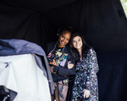 Advisor Dee Rees with directing fellow Mounia Akl on the set of 'Costa Brava Lebanon.' Photographer: Jen Fairchild