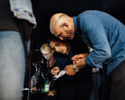 'El Otro Lado (The Other Side) directing fellow Barbara Cigarroa works on set with Director of Photography Timothy Gillis. Photographer: Jen Fairchild