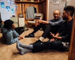 'Story Ave' directing fellow Aristotle Torres (right) on set with resource actors Henry Hunter Hall and Paul Calderon. Photographer: Jen Fairchild