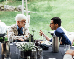 Artistic Director Gyula Gazdag meets with fellow Kobi Libii to discuss his project 'The American Society of Magical Negroes.' Photographer: Jen Fairchild