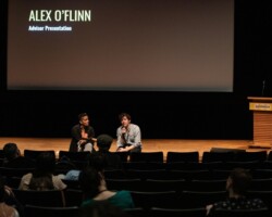 Alex O'Flinn takes questions following his advisor presentation and Documentary Film Program Director Tabitha Jackson moderates. Photographer: Jen Fairchild
