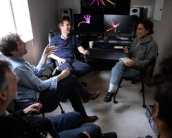 (L-R): Creative advisor Lou Pepe. creative advisor Alex O'Flinn, editor Gabriel Rhodes, and director Garrett Bradley meet in an editing trailer to discuss 'Fox.' Photographer: Jen Fairchild