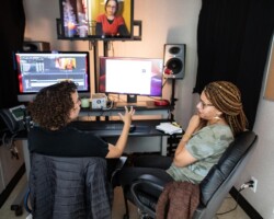 Editor Malika Zouhali-Worrall and director Loira Limbal edit scenes from 'Through the Night.' Photographer: Jen Fairchild