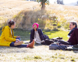 Creative advisor Lauren Morelli speaks with fellows Soo-Hyun Chung and Jonathan Sanford about their project ' House of the Moons'. Photographer: Lauren Wester