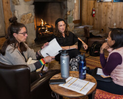 'Marimbero' Epsidoc fellows Valerie Stadler and Henry Alberto meet with Creative Advisor Shalisha Francis. Photographer: Lauren Wester