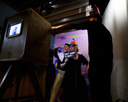 Alia Shawkat and Emma Jane Unsworth of 'Animals' check out the photo booth at Sundance Film Festival: London. Photographer: Joanne Davidson