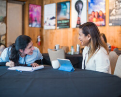 'El Otro Lado' screenwriting fellow Barbara Cigarroa meets with creative advisor Veena Sud. Photographer: Jonathan Hickerson