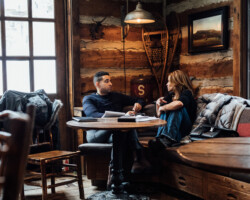Screenwriting fellow Kobi Libii meets with creative advisor Jenny Lumet to discuss his project 'The American Society of Magical Negroes.' Photographer: Jen Fairchild