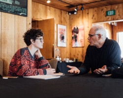 'This Land is Your Land' screenwriting fellow Adrienne Rush meets with creative advisor Zach Sklar. Photographer: Jen Fairchild