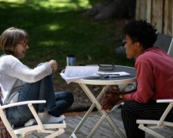 Creative advisor Susan Shilliday discusses 'Pretty Red Dress' with screenwriting fellow Dionne Edwards. Photographer: Jen Fairchild