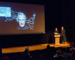 Fellows Sandra Rodriguez and Michael Burk present their project 'Chomsky vs. Chomsky: A Collective Experience'. Photographer: Jonathan Hickerson