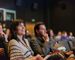 Fellows, advisors, staff, and guests look on at the 2019 New Frontier Story Lab project presentations. Photographer: Jonathan Hickerson