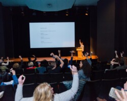 Fellow Klasien van de Zandschulp leads audience members through her interactive project presentation of 'Eat | Tech | Kitchen'. Photographer: Jonathan Hickerson