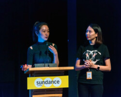 'Living Distance' fellows Xin Liu and Jenny (QinYa) Guo present their project at the 2019 New Frontier Story Lab. Photographer: Jonathan Hickerson