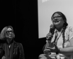 Founding Director of the Feature Film Program Michelle Satter moderates a group discussion with fellow Eve-Lauryn Little Shell LaFountain on her project 'Re/Dis Location'. Photographer: Jonathan Hickerson