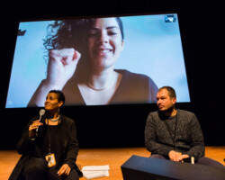 'The Greatest Wait/ After the Last Sky' fellows Razan AlSalah (On screen) and Momchil Alexandrov Alexie (Right) during their project presentation discussion moderated by Tabitha Jackson, Director of the Documentary Film Program. Photographer: Jonathan Hickerson