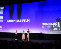 Clare Binns and director/screenwriters Jocelyn DeBoer and Dawn Luebbe introduce 'Greener Grass,' a surprise screening at Sundance Film Festival: London. Photographer: Joanne Davidson