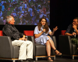 'Science Fair' filmmaker and screenwriter duo Cristina Costantini (center) and Darren Foster speak at a Q&A moderated by producer John Boccardo (left). Photographer: Leanna Bergeron