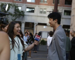Vanguard Award presenter Bing Liu on the press line for 'The Farewell' screening and benefit. Photographer: Aaron Farley