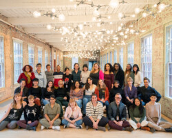 Staff, fellows, and acting company gather for a group shot during the 2019 Theatre Lab at Mass MoCA. Photographer: Kaelan Burkett