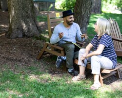 Artist-in-Residence Ritesh Batra meets with guest artistic director Lisa Peterson. Photographer: Jen Fairchild