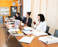 Playwright Shaina Taub and director Leigh Silverman on the set of 'The Suffragists.' Photographer: Kaelan Burkett