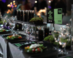 Our in-kind partners, V. Project, Decorations Inc., and LUX Catering, provided an elegant modern tablescape and a sustainably sourced dinner. Photographer: Dan Campbell