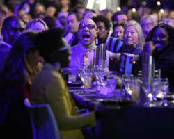 Darren Walker, our Vanguard Award for Philanthropy honoree, and MACRO's Stacey King enjoy the dinner program at An Artist at the Table, presented by IMDbPro. Photographer: Dan Campbell