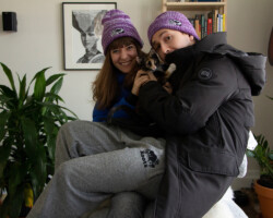 'Violation' directors Madeleine Sims-Fewer and Dusty Mancinelli celebrate the premiere of their film from home with their new kitten. Photographer: Dusty Mancinelli