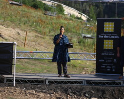 Sundance Film Festival Director Tabitha Jackson introduces 'Jockey' with director Clint Bentley at a free community screening held at Utah Olympic Park. Photographer: Simone Govan
