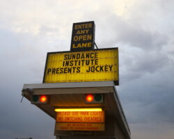 Marquee at Redwood Drive-In Theatre for the free community screening of 'Jockey.' Photographer: Simone Govan