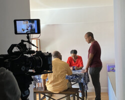 Directing fellow Tony Koros (R) behind the scenes of his project 'Neon Tilapia.' Photographer: Naja Newell