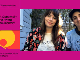 Erin Casper and Jocelyne Chaput accept the Jonathan Oppenheim Editing Award: U.S. Documentary for 'Fire of Love.' Photographer: Fire of Love