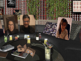 (2nd from L) Chief Curator of New Frontier Shari Frilot and director Shaunak Sen attend IDFA DocLab's online social exhibition 'do {not} play' aboard the New Frontier Spaceship. Photographer: IDFA DocLab