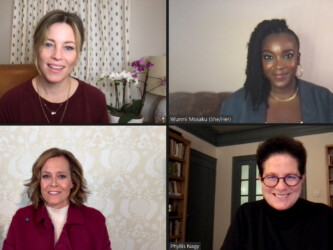 Elizabeth Banks, Wunmi Mosaku, Sigourney Weaver and director Phyllis Nagy, attend the Q&A at the virtual Premiere of 'Call Jane' during the 2022 Sundance Film Festival. Photographer: Sundance