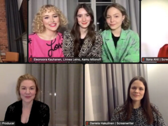 Director Allia Haapasalo, actors Eleonoora Kauhanen, Linnea Leino, and Aamu Milonoff, screenwriter Ilona Ahti, producer Leila Lyytikainen and screenwriter Daniela Hakulinen attend the Q&A following the virtual premiere of 'Girl Picture.' Photographer: Sundance