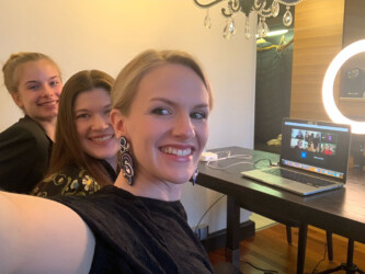 (L-R) Siiri Solalinna, director Hanna Bergholm, and Sophia Heikkila attend the virtual premiere of 'Hatching.' Photographer: Hatching