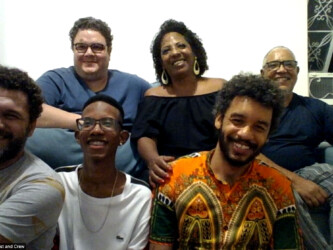 (back, L-R) Thiago Macedo Correia, Rejane Faria, Carlos Francisco, (front, L-R) Maurilio Martins, Cicero Lucas, and director Gabriel Martins attend the premiere Q&A of 'Marte Um (Mars One).' Photographer: Sundance