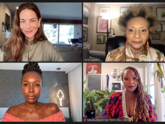 Actors Michelle Monaghan, Leslie Uggams, Anna Diop and director Nikyatu Jusu attend the Q&A at the virtual Premiere of 'Nanny.' Photographer: Sundance