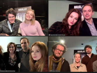 Director Daniel Roher and Dasha Navalny, Maria Pevchikh and Christo Grozev, producers Diane Becker, Shane Boris, Melanie Miller and Odessa Rae, editors Langdon Page and Maya Daisy Hawke, director of photography Niki Waltl, and editor Edmund Stenson attend the Q&A following the virtual premiere of 'Navalny.' Photographer: Sundance