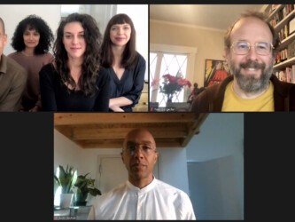 Screenwriter Tobi Haslett, producer Jamila Wignot, director and archival researcher Sierra Pettengill, producer Sara Archambault, editor Nels Bangerter, and composer Jace Clayton attend the premiere Q&A of 'RIOTSVILLE, USA.' Photographer: Sundance