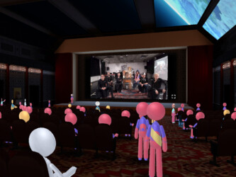 The Cosmogony team and Chief Curator of New Frontier Shari Frilot attend the Q&A following the live digital performance of 'Cosmogony' in Cinema House aboard the New Frontier Spaceship. Photographer: Sundance
