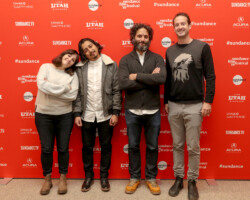 Director Hannah Fidell, Tony Revolori, Jason Mantzoukas, and Festival Programming Director Trevor Groth attend the premiere of 'The Long Dumb Road.' Photographer: Ryan Kobane